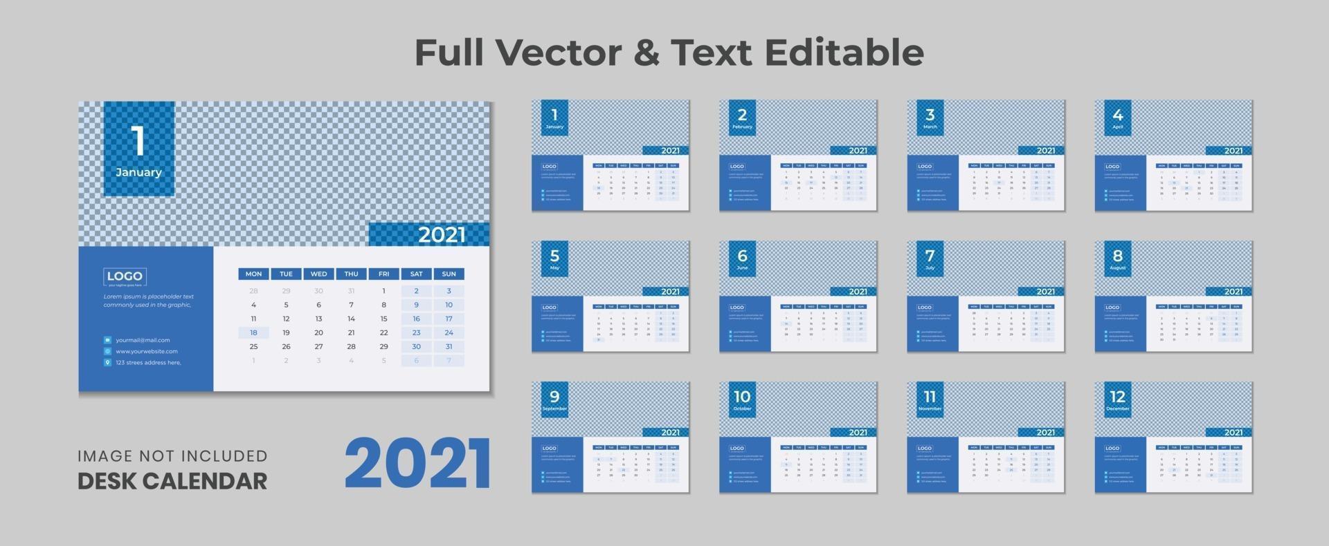 2022 Tischkalender mit blauem Layout blauer Tischkalender 2022 neue Tischkalender 2021 Vorlage 12 Monate inklusive vektor