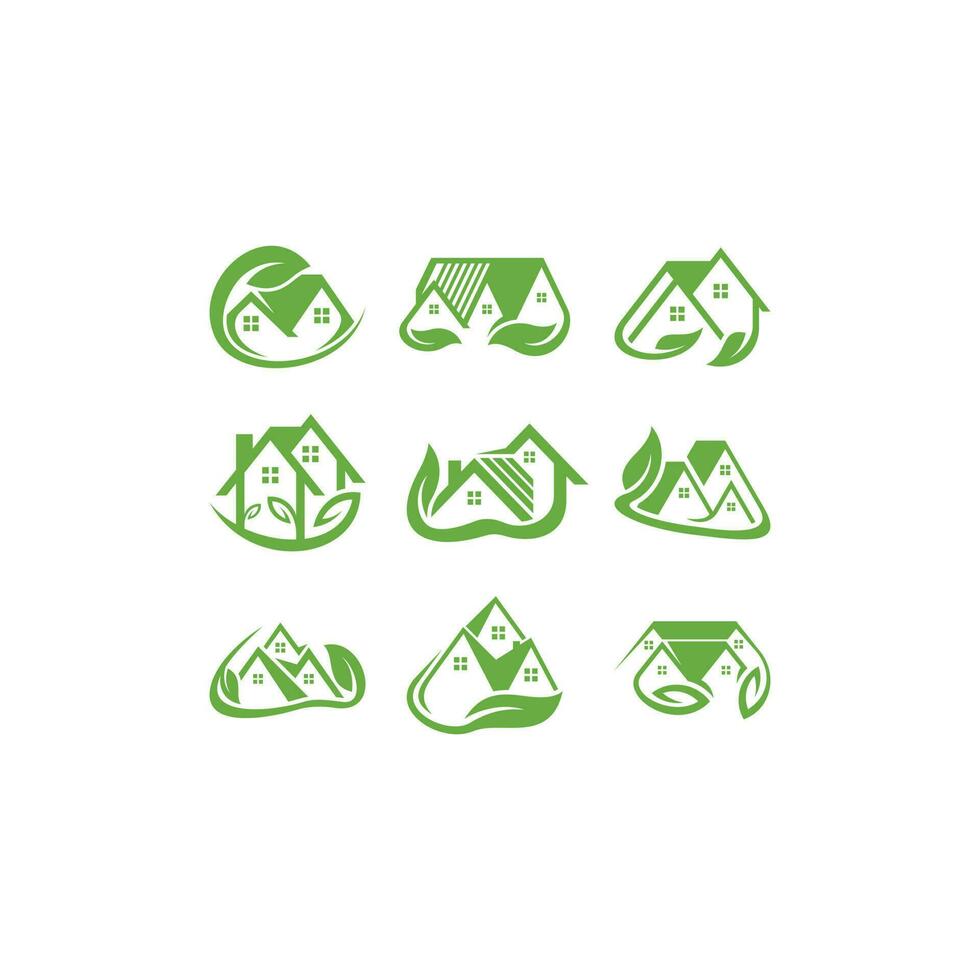 einstellen Zuhause Gebäude Blatt Natur Symbol Sammlung Logo vektor