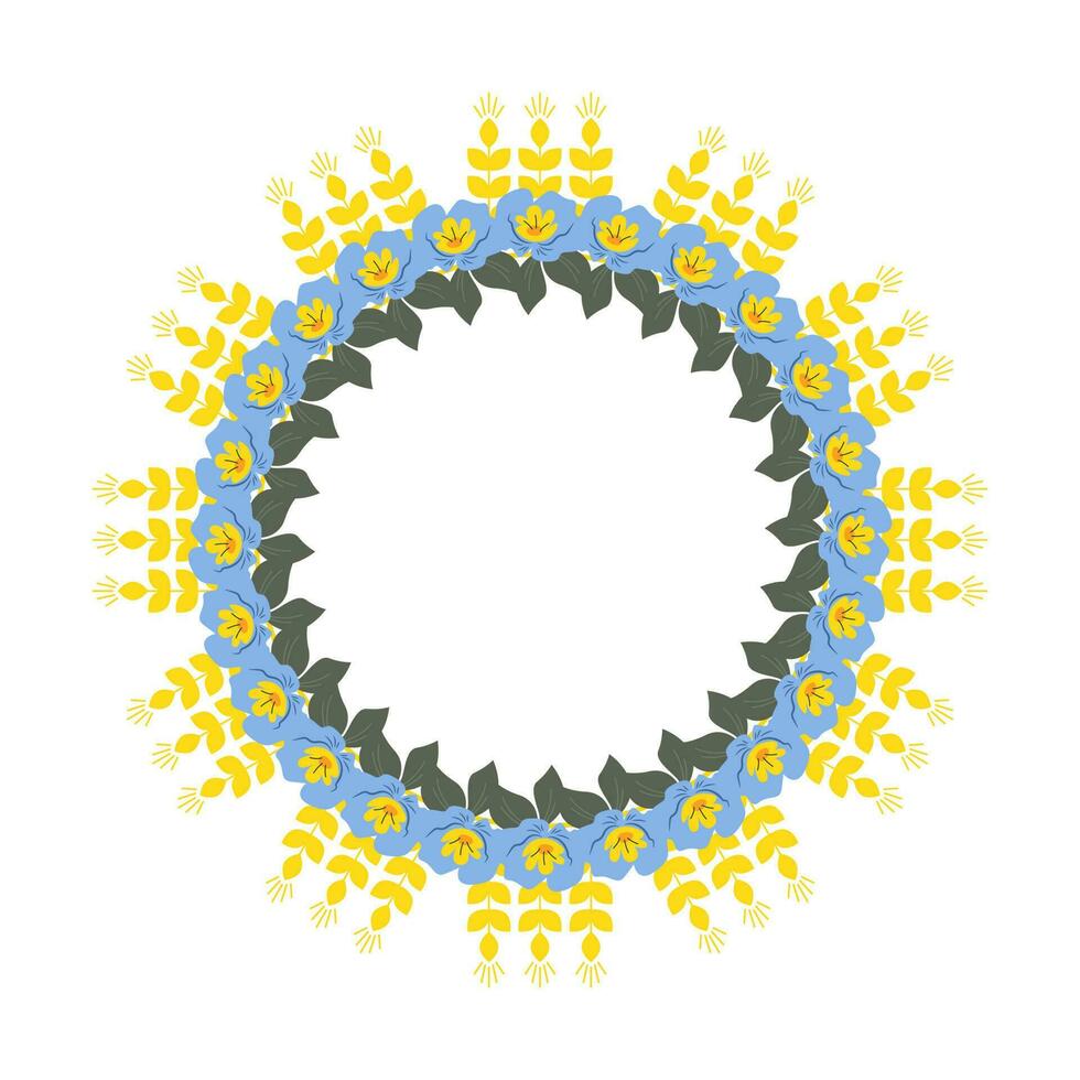 krans ram tillverkad av spika och blommor i gul och blå. vektor illustration av ett isolering. ukrainska nationell färger