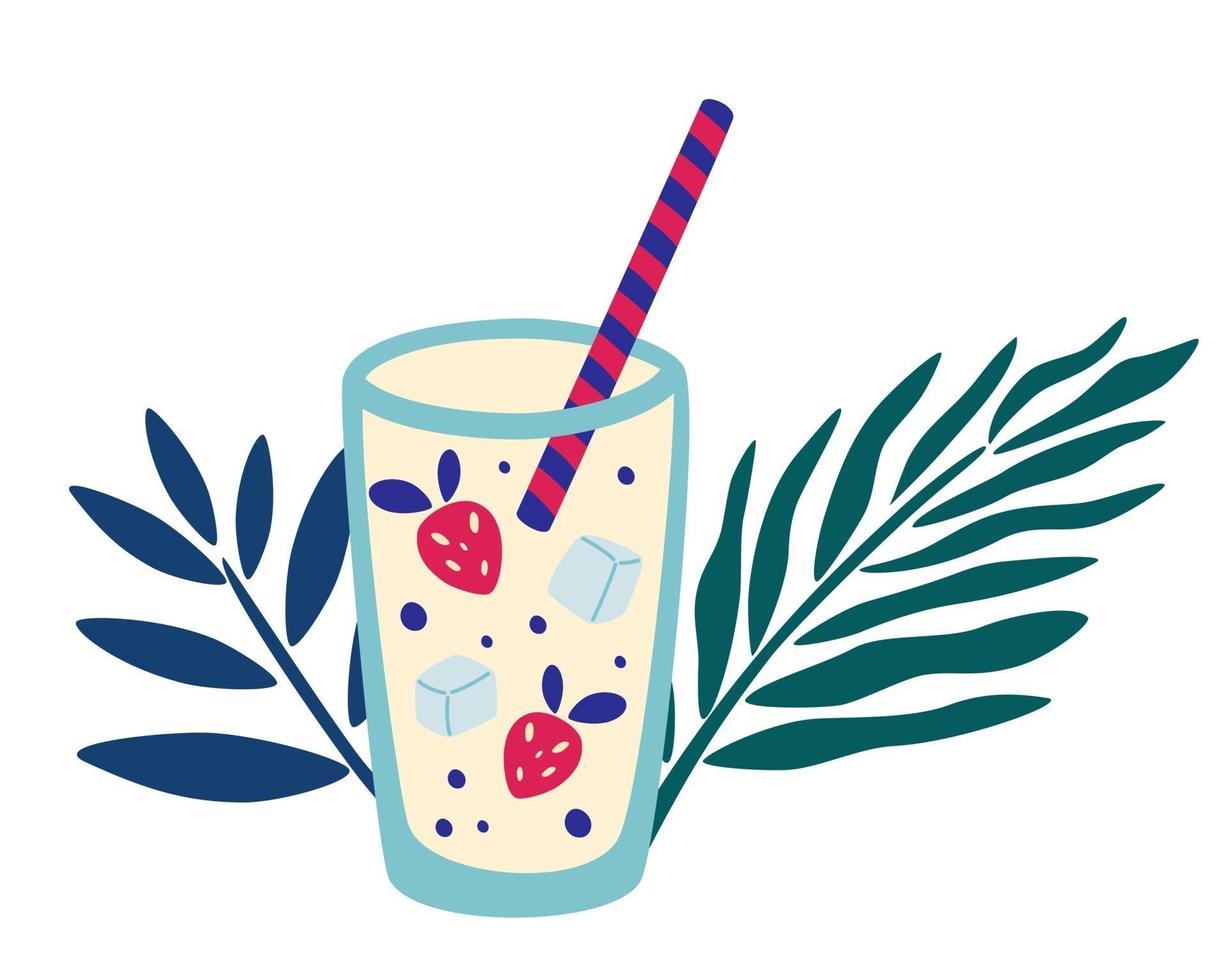 tropischer Cocktail mit Erdbeere und Eis schaffen Palmblatt-Sommergetränk im hohen Glas mit Strohhalmen Vektorillustration des modernen Barmenüabdeckungs-Fliegerdesigns des Erfrischungsgetränks vektor