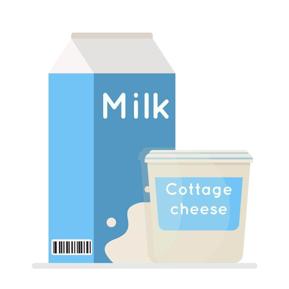 Milch und Hüttenkäse in der Verpackung Vektorillustration Bauernhof frisches Produkt isoliert auf einem weißen Hintergrund vektor