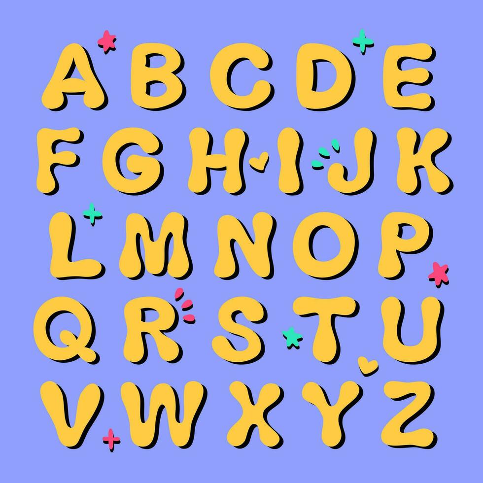 Gelb Karikatur Gekritzel Englisch Alphabet. Hand zeichnen Schriftart im retro Stil. Vektor Illustration