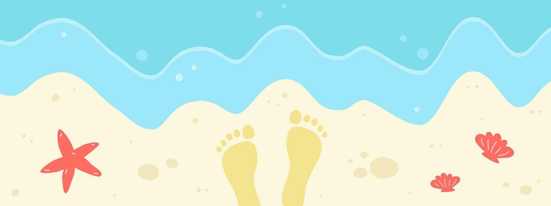 Meer Strand Banner. Vektor Illustration von Wellen und Fußabdrücke im Sand. Zeichnung von Seestern und Muscheln. Sommer- Hintergrund.