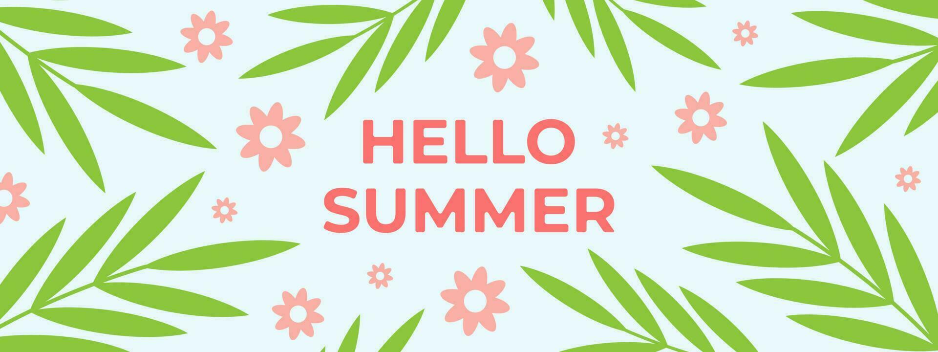 baner Hej sommar. vektor illustration av kvistar med grön löv och rosa blommor. sommar botanisk bakgrund. hälsning text design.