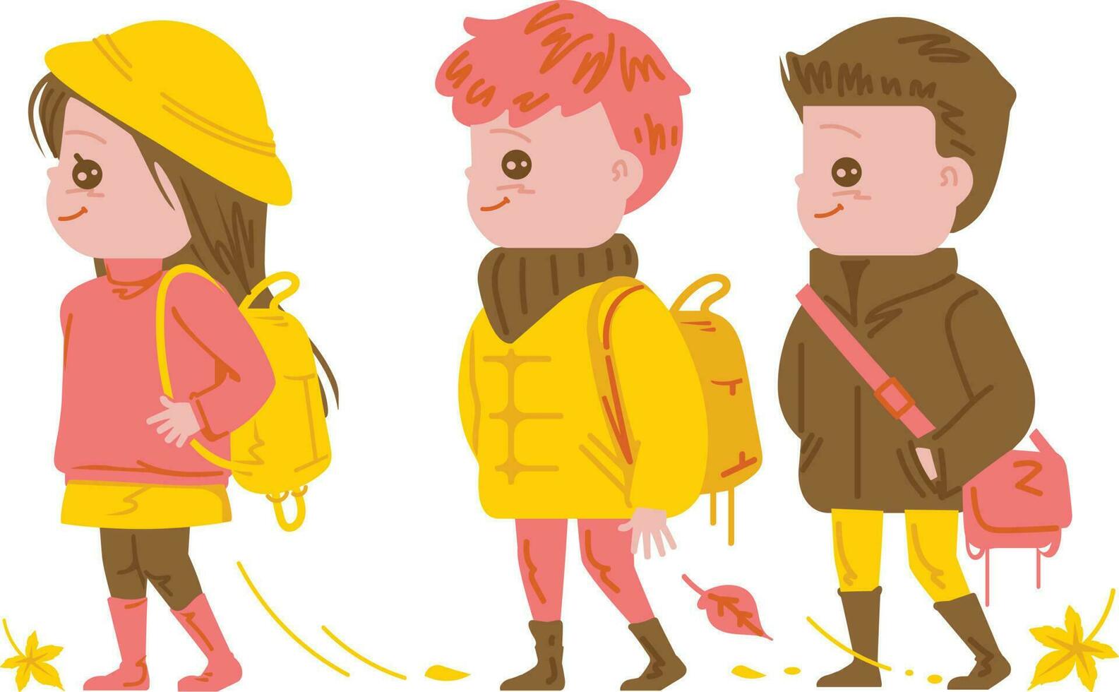 süß Kinder tragen warm Kleider und Rucksäcke Gehen Vektor Illustration