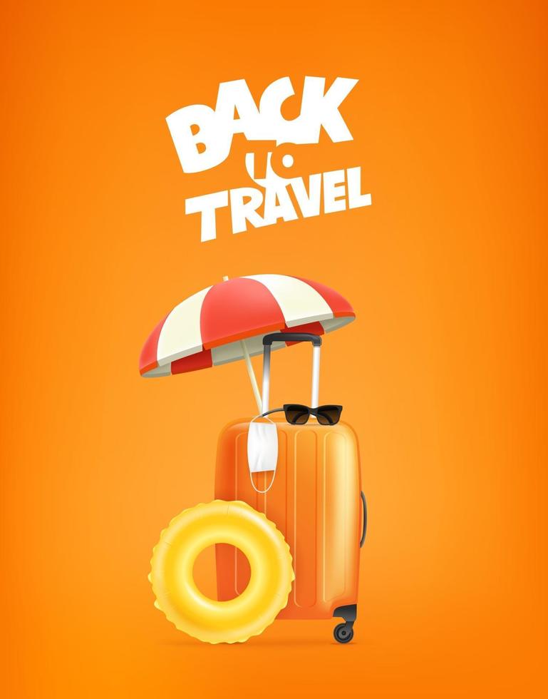 orange Tasche mit Sonnenschirmschwimmer und medizinischer Maske vektor
