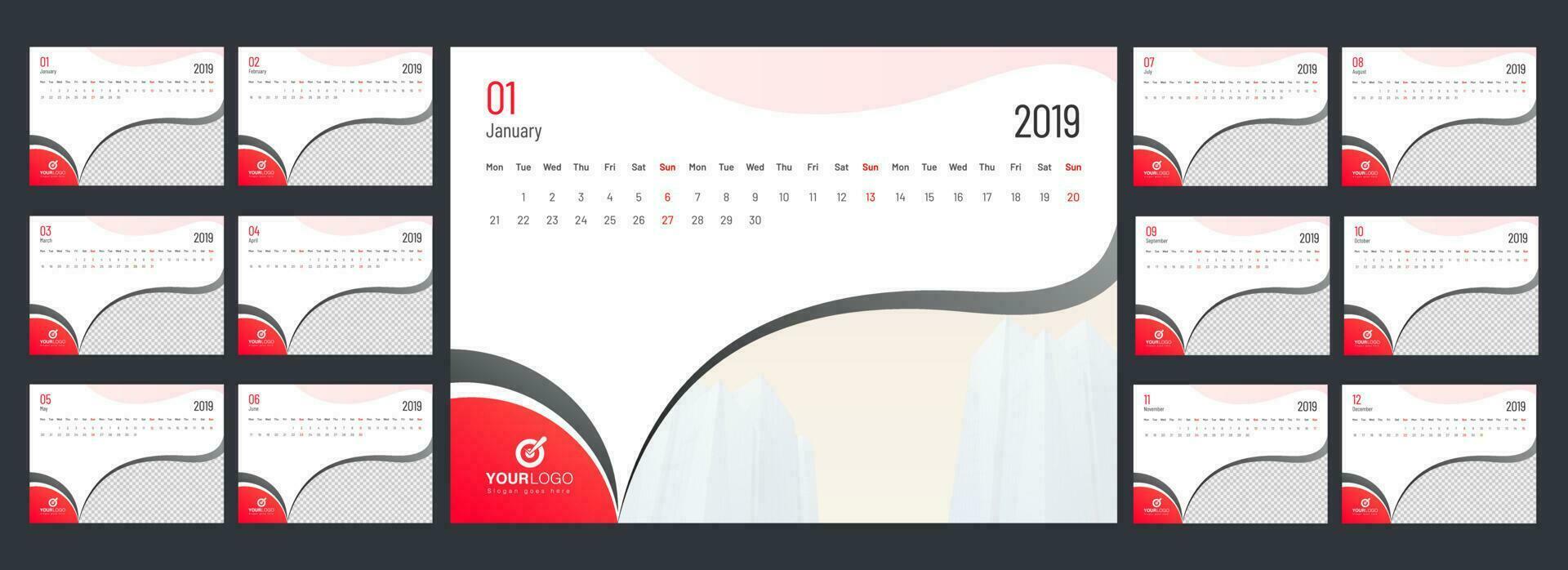 år 2019, kalender design med Plats för din bild. vektor