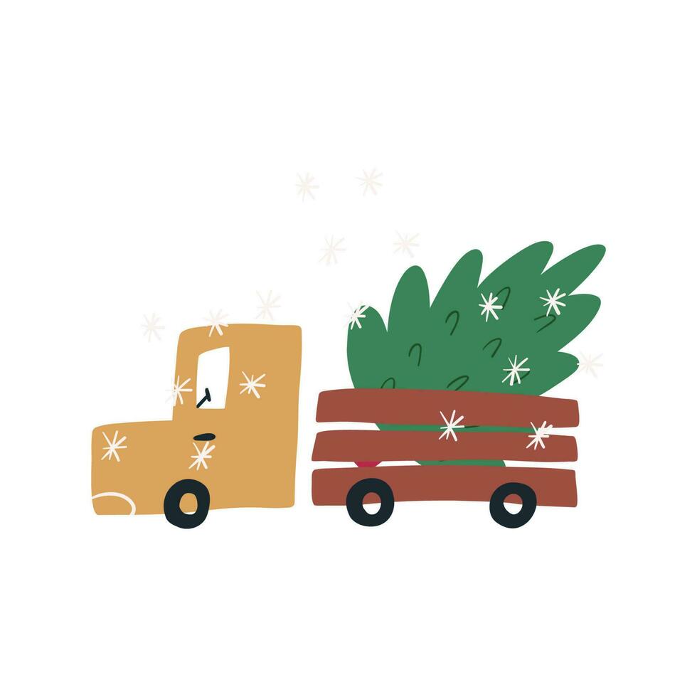 jul träd leverans i lastbil eller plocka upp, hand dragen platt vektor illustration isolerat på vit bakgrund. bil med gran träd och snöfall.