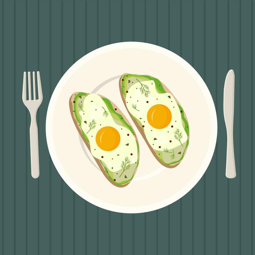 platt illustration med skålar med friterad ägg och avokado på en tallrik och en kniv med en gaffel. de illustration kan vara Begagnade för restauranger, kaféer eller som ett illustration av varje dag liv. vektor