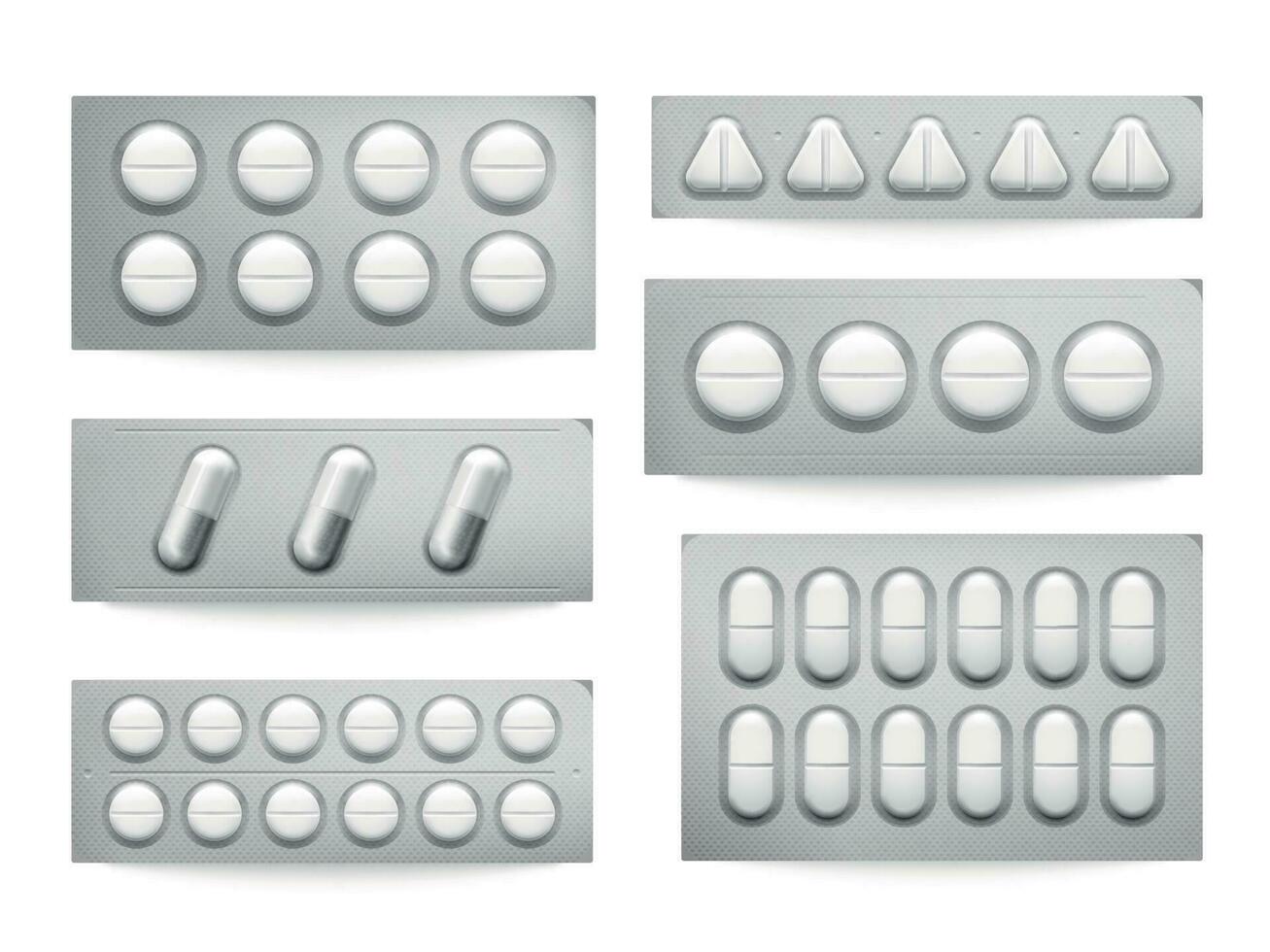 Blase Packungen Weiß Paracetamol Pillen, Aspirin Kapseln, Antibiotika oder Schmerzmittel Drogen. Rezept Medizin Verpackung Vektor einstellen