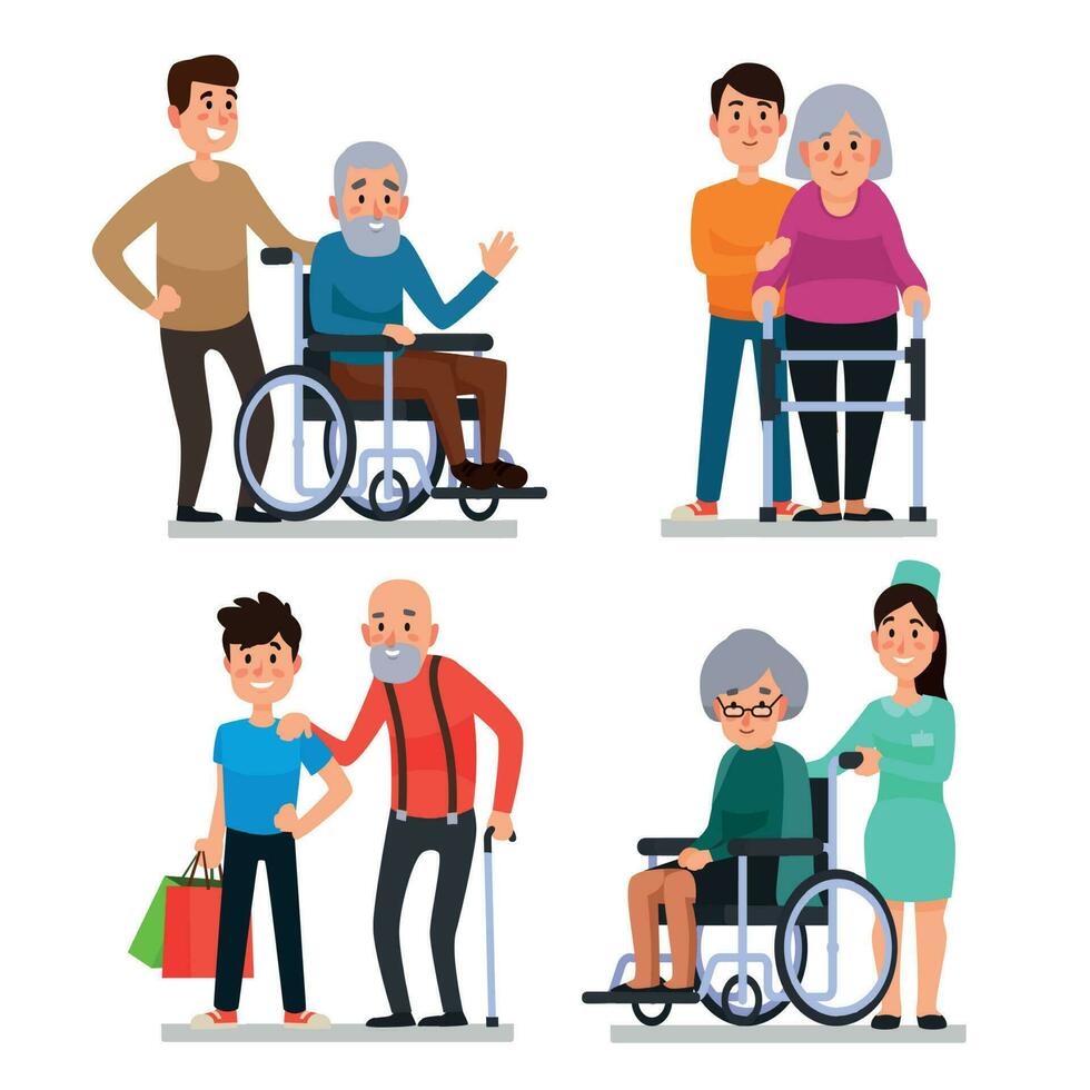 hjälp gammal Inaktiverad människor. social arbetstagare av volontär- gemenskap hjälper äldre medborgare på rullstol, senior med sockerrör vektor illustration