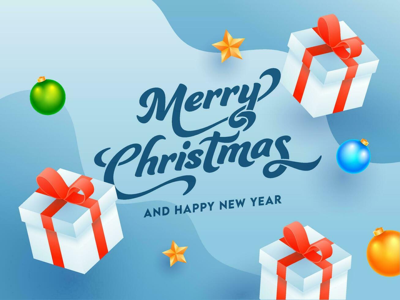 glad jul och Lycklig ny år text med 3d gåva lådor, grannlåt, stjärnor på blå bakgrund. vektor