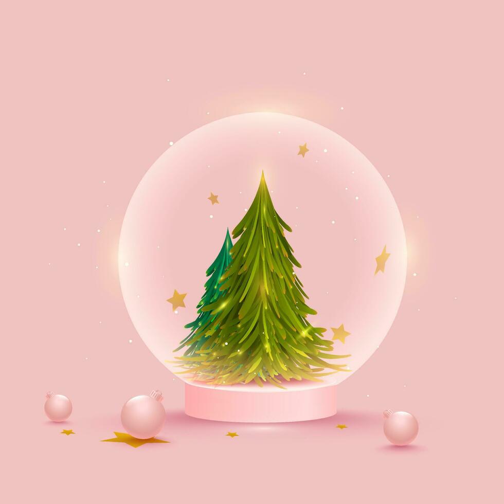 Weihnachten Baum Innerhalb Globus mit 3d Kugeln auf Rosa Hintergrund. vektor