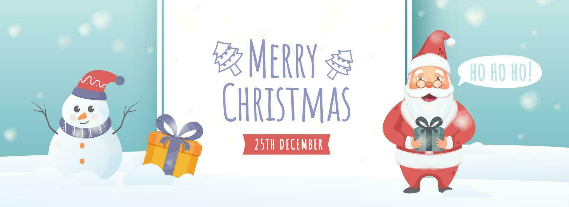 Illustration von Santa claus Charakter mit Geschenk Kisten und Karikatur Schneemann auf Weiß und Licht Türkis schneebedeckt Hintergrund zum fröhlich Weihnachten Feier. vektor