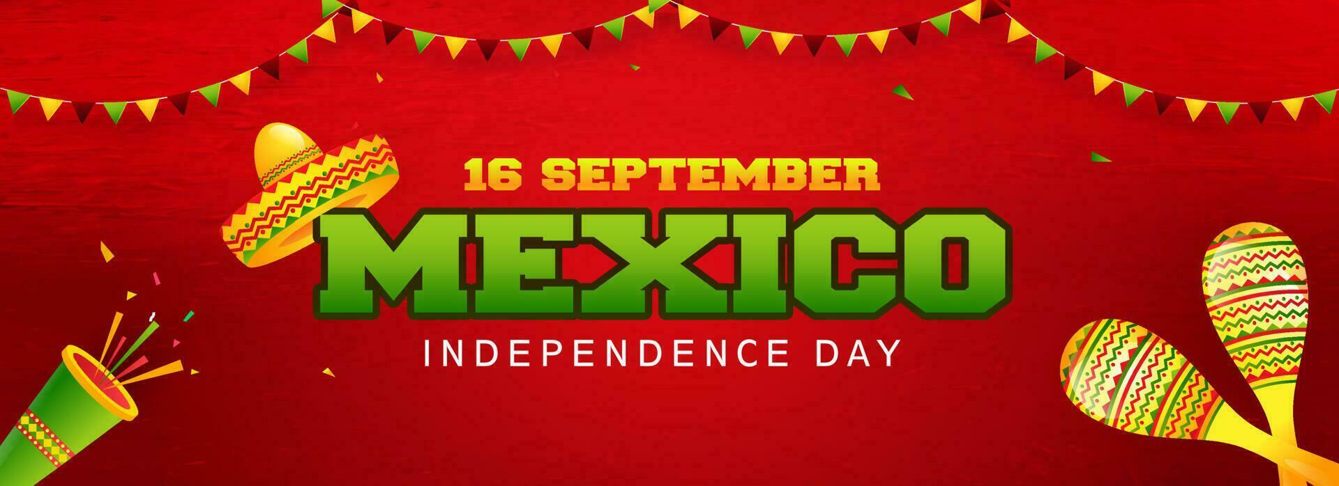 hemsida rubrik eller baner design med illustration av sombrero hatt, maracas och fest poppern på röd bakgrund för 16 september, mexico oberoende dag firande. vektor