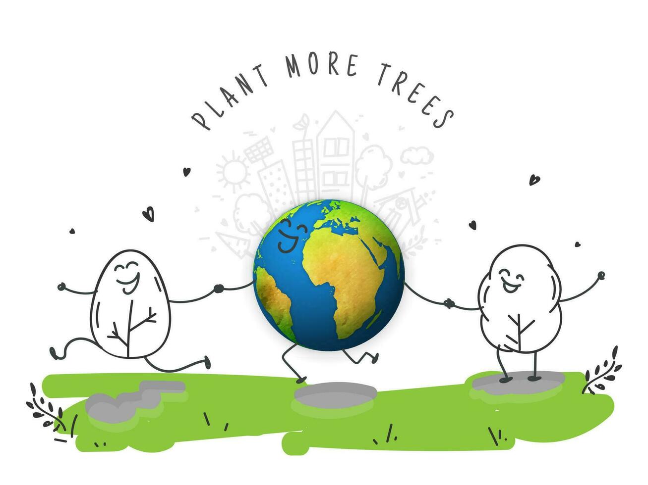 Pflanze Mehr Bäume basierend Poster Design mit Karikatur Erde Globus halten Hand von glücklich Baum auf Natur Stadt Aussicht Hintergrund. vektor