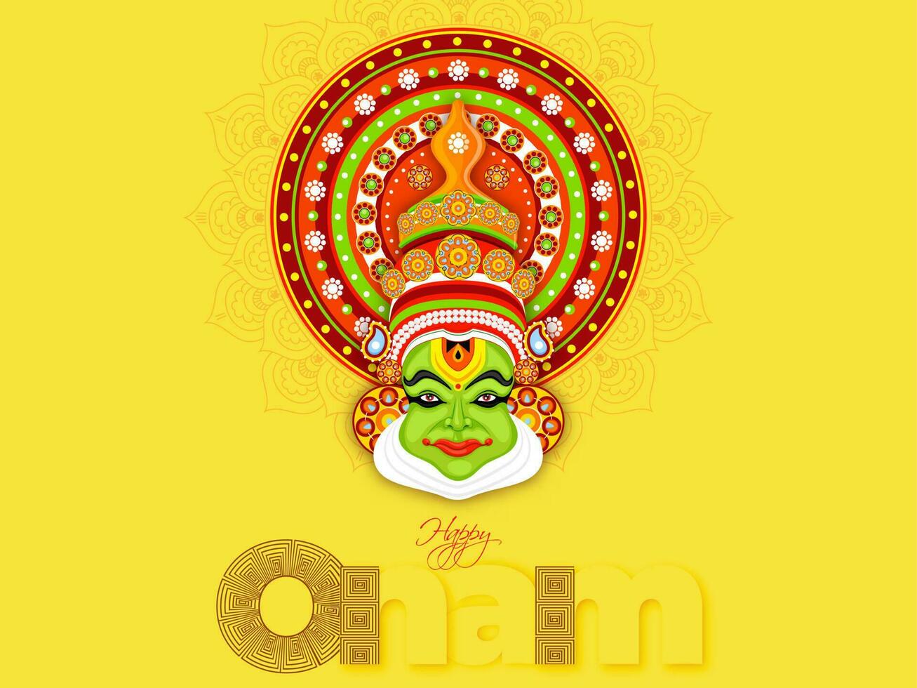 eleganta text Lycklig onam och illustration av kathakali dansare ansikte på gul bakgrund för festival firande begrepp. kan vara Begagnade som baner eller affisch design. vektor
