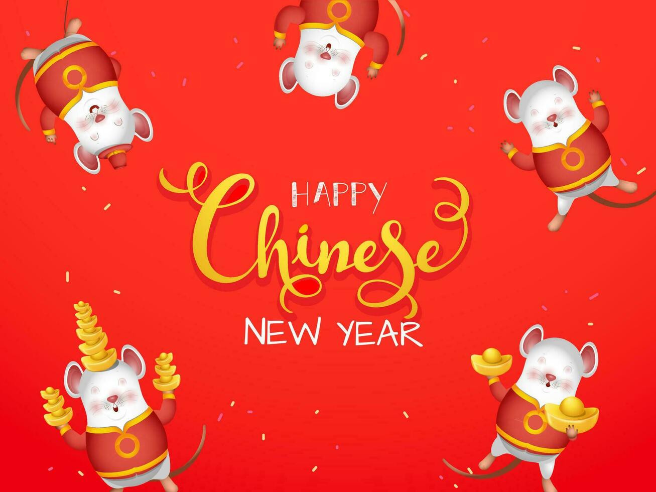 glücklich Chinesisch Neu Jahr Schriftart mit Karikatur Charakter von Ratte halten Barren im Tanzen Pose auf Orange Hintergrund. vektor