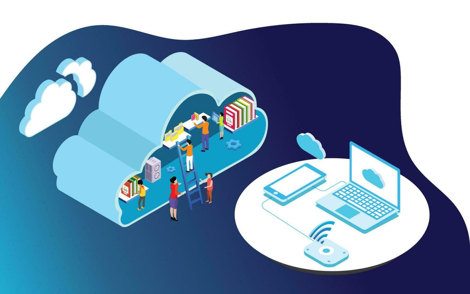 Wolke Lager Konzept basierend Design, wesentlich Geschäft Elemente mit Wolke Server auf glänzend Blau Hintergrund. 3d Illustration von Menschen Aufrechterhaltung Daten im Wolke Lagerung. vektor