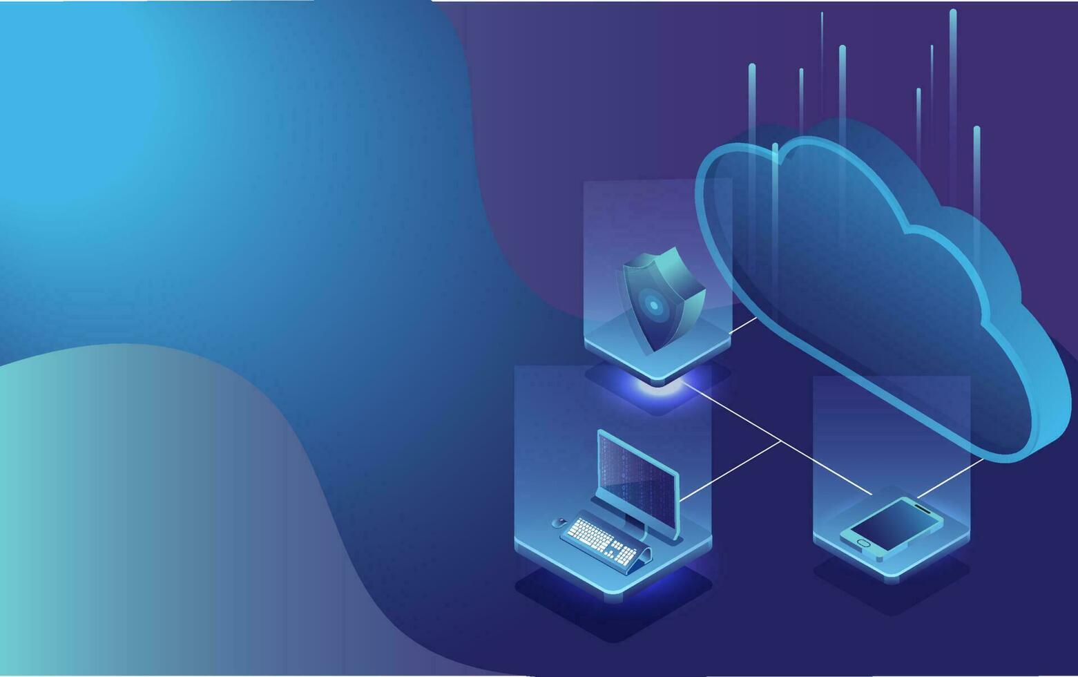 3d isometrisch Illustration von Sicherheit Schild in Verbindung gebracht mit pc und Wolke Server zum Daten Schutz Konzept Landung Seite oder Netz Vorlage Design. vektor