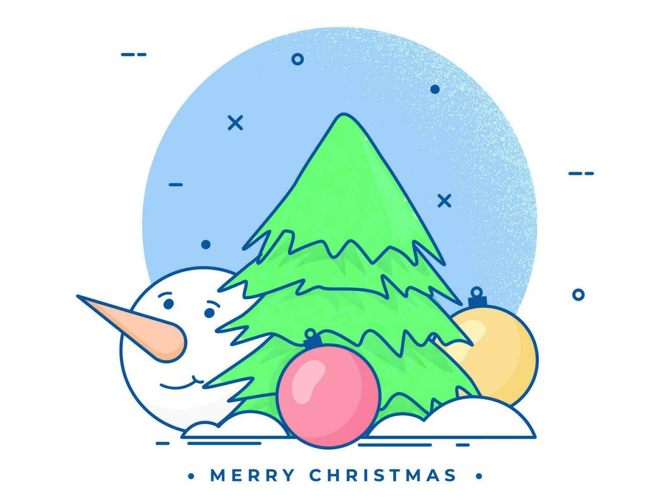 eben Stil Gruß Karte Design mit Weihnachten Baum, Kugeln und Schneemann Gesicht auf Weiß Hintergrund zum fröhlich Weihnachten Feier. vektor