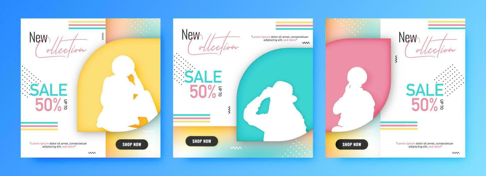 Sammlung von Netz Poster Design mit Silhouette Frau und Rabatt Angebot auf abstrakt Hintergrund zum Neu Sammlung Verkauf. vektor