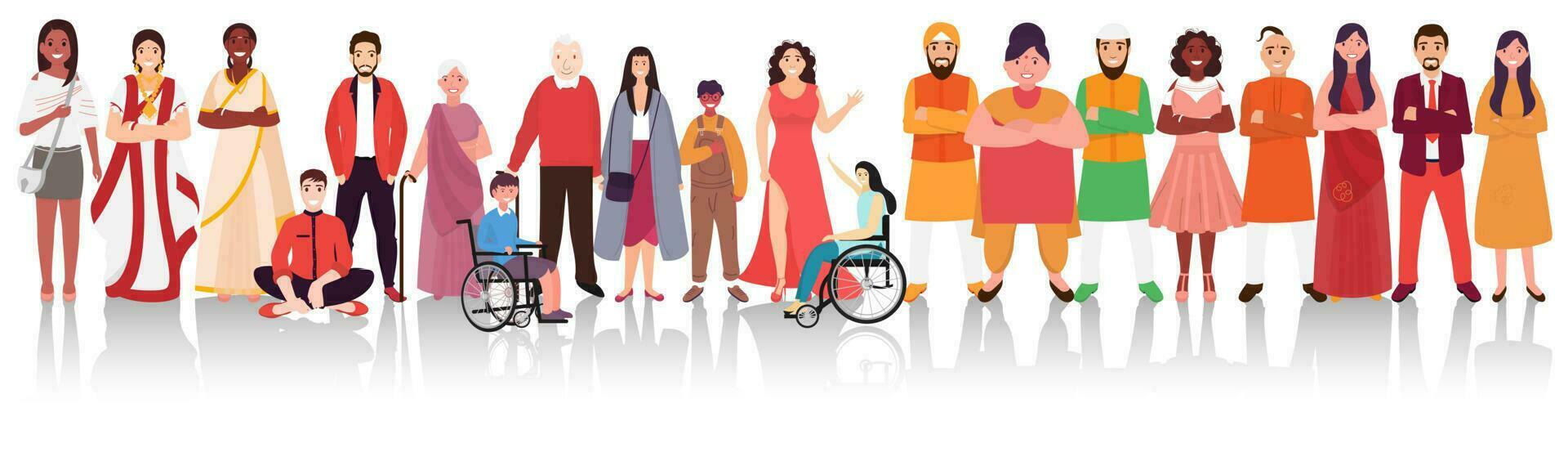 Illustration von anders Religion Menschen zeigen Einheit im Vielfalt von Indien zum Unabhängigkeit Tag Feier Konzept. Header oder Banner Design. vektor