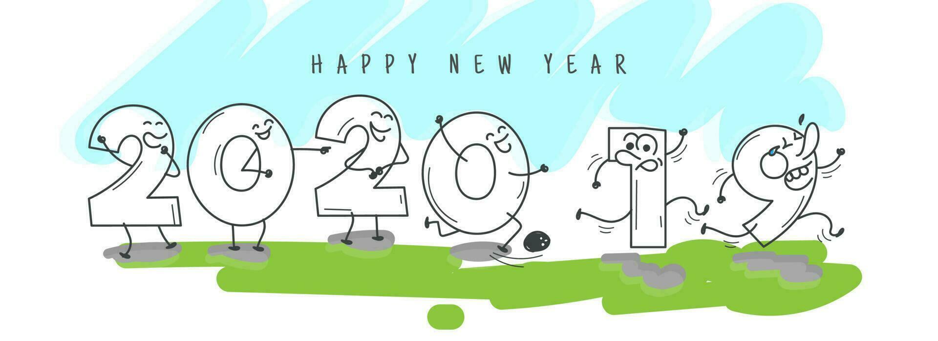 komisch Karikatur Nummer von 2020 herzlich willkommen glücklich Neu Jahr und gehen 2019 auf abstrakt Hintergrund. Header oder Banner Design. vektor