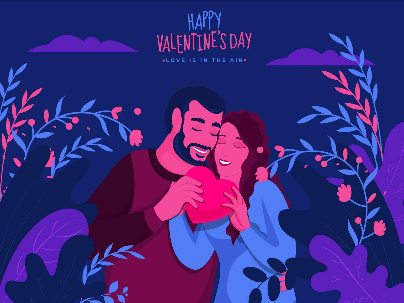 ung par innehav rosa hjärta på natur se blå bakgrund för Lycklig hjärtans dag, kärlek är i de luft. vektor