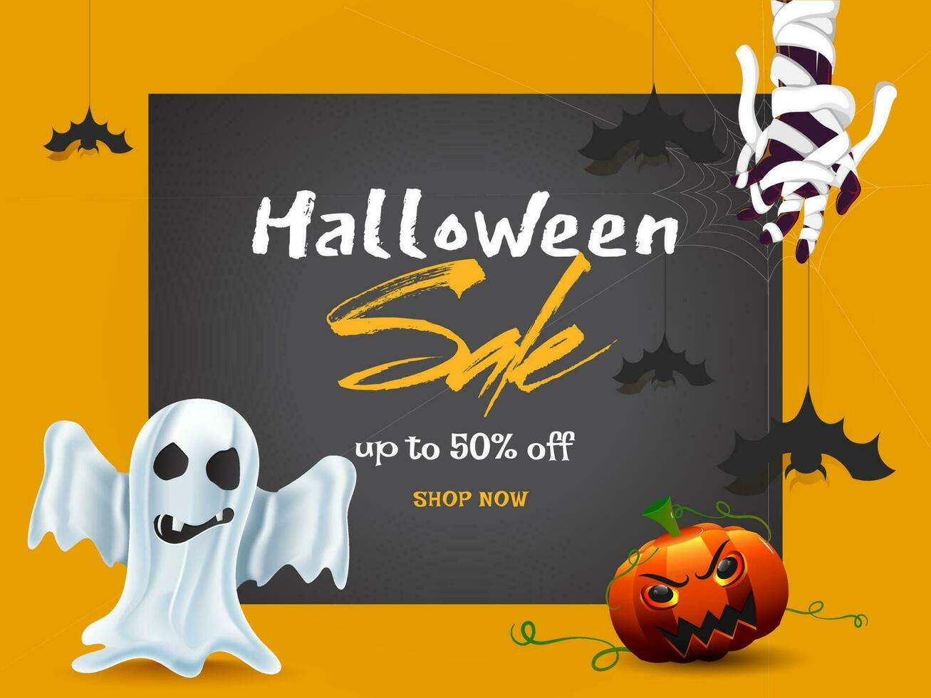 halloween försäljning baner eller affisch design med rabatt erbjudande, spöke, skrämmande pumpa och zombie hand på gul och grå bakgrund. vektor