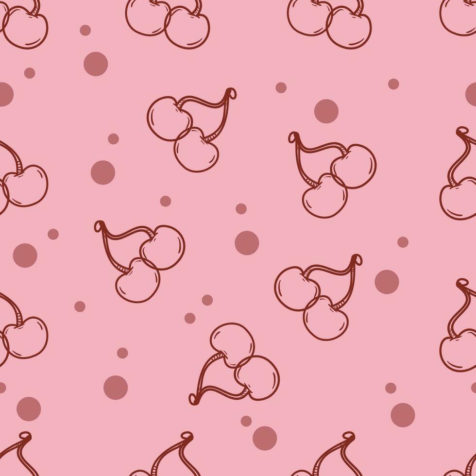 hand dragen linje konst frukt sömlös mönster körsbär och rosa polkadots vektor
