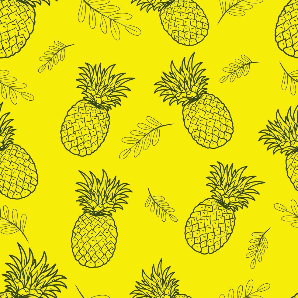 hand dragen linje konst frukt sömlös mönster ananas och löv vektor