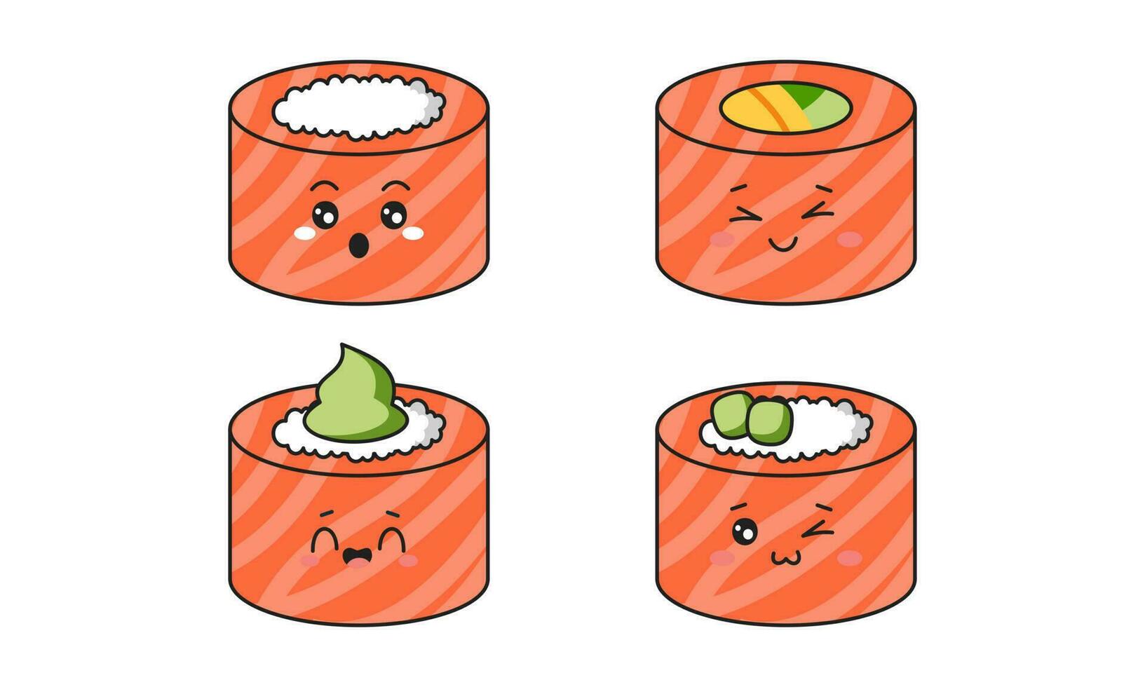 verschiedene kawaii Sushi, Rollen, Nigiri. japanisch Karikatur Stil vektor