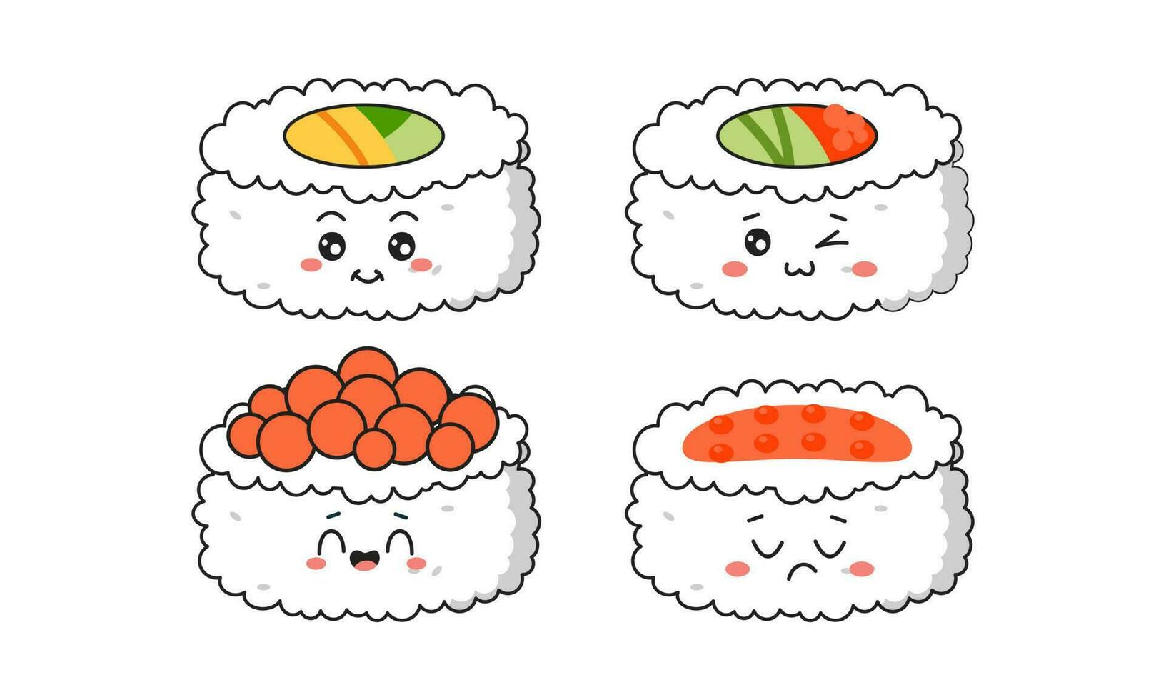 olika söt sushi, rullar, nigiri. japansk tecknad serie stil vektor