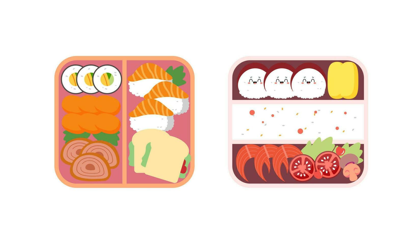 bento låda logotyp. japansk lunch låda. olika traditionell asiatisk mat tecknad serie stil vektor