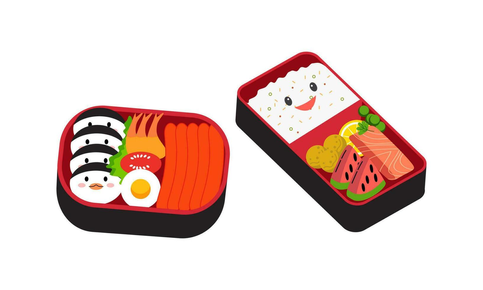 Bento Box Logo. japanisch Mittagessen Kasten. verschiedene traditionell asiatisch Essen Karikatur Stil vektor