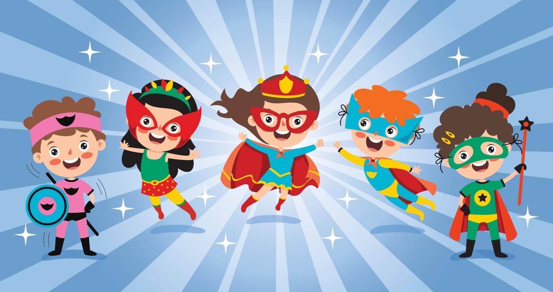 kleine lustige Cartoon-Superhelden posieren vektor