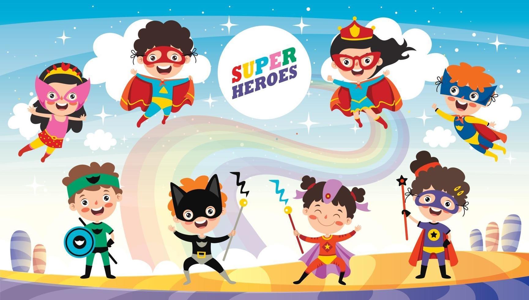 lite roliga tecknade superhjältar poserar vektor