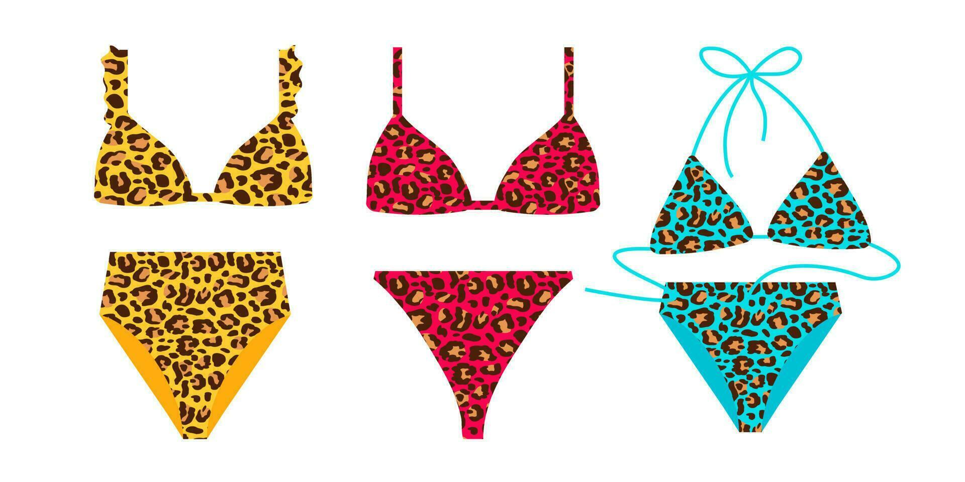 Frauen bunt Leopard Badeanzug Design Satz. Mode Bikini Sammlung. weiblich stilvoll Bademode. vektor