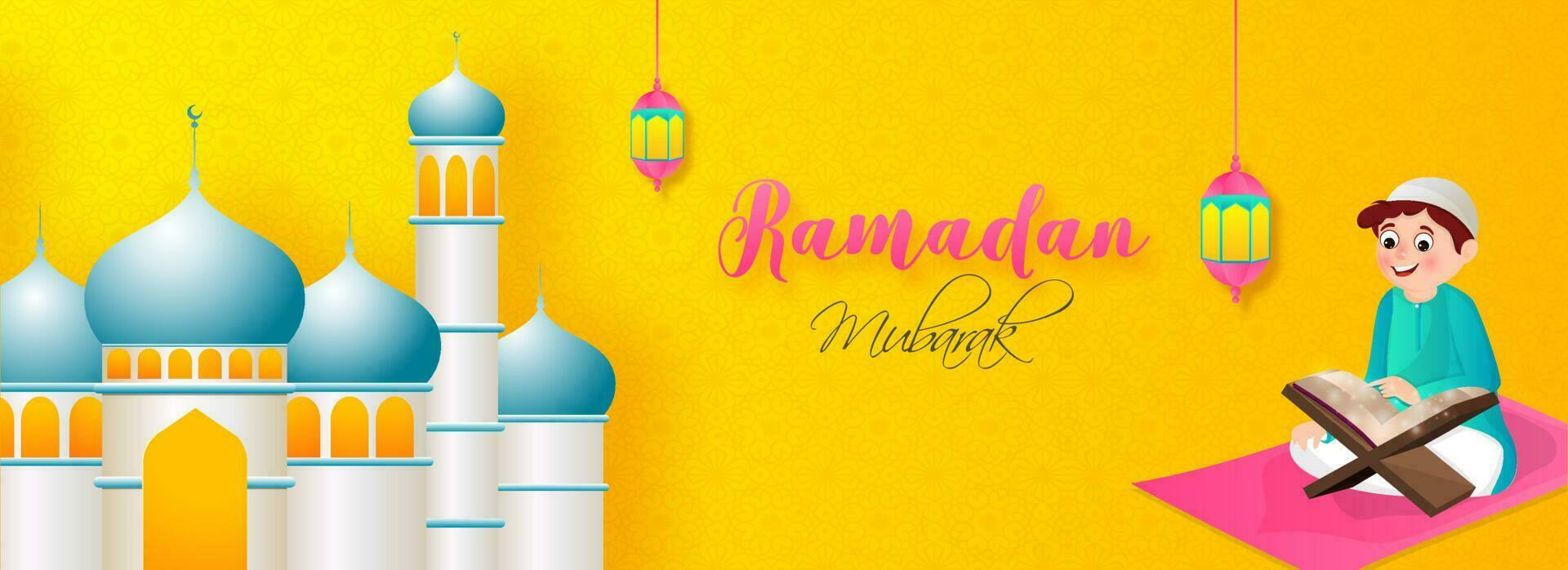 Illustration von Muslim Junge lesen Koran im Vorderseite von Moschee zum Ramadan Mubarak Feier. Header oder Banner Design. vektor