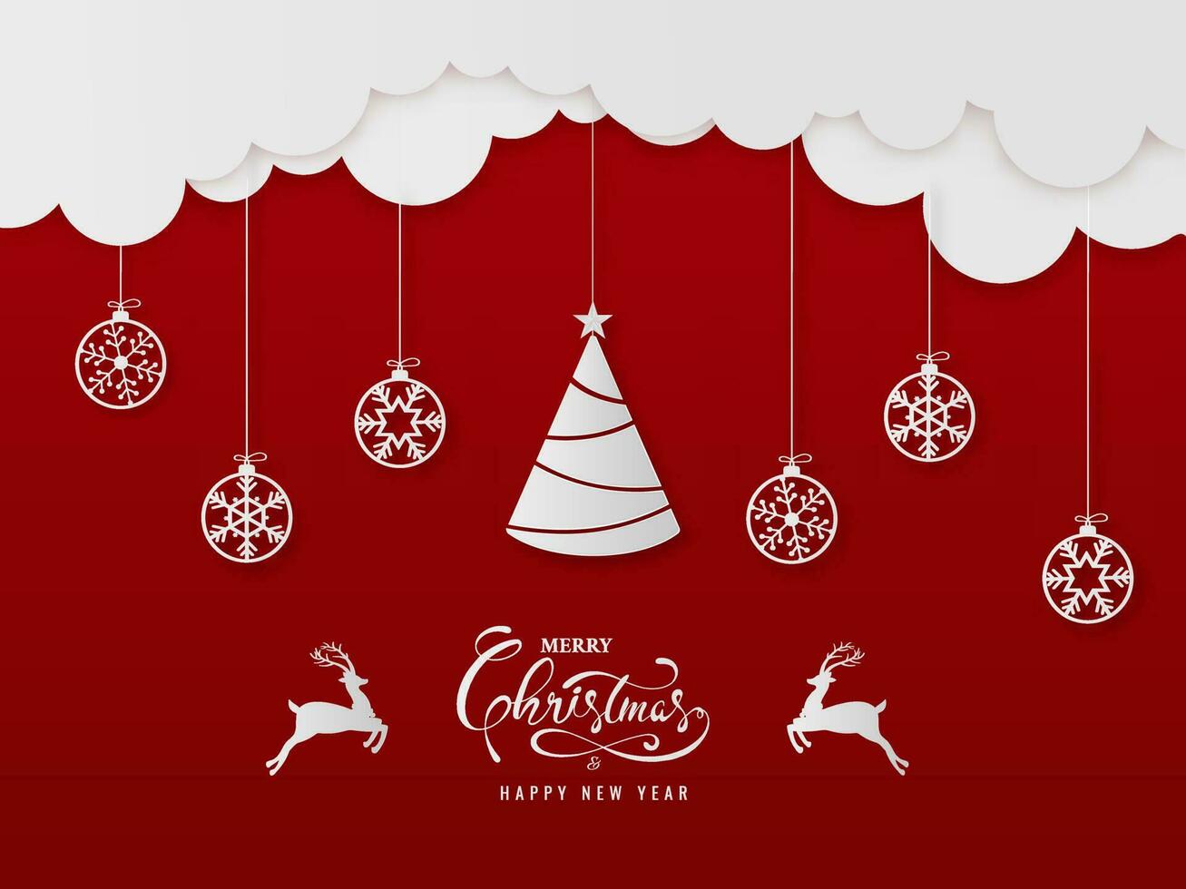 papper skära stil glad jul Lycklig ny år hälsning kort design med xmas träd och snöflinga grannlåt hängande på molnig vit och röd bakgrund. vektor