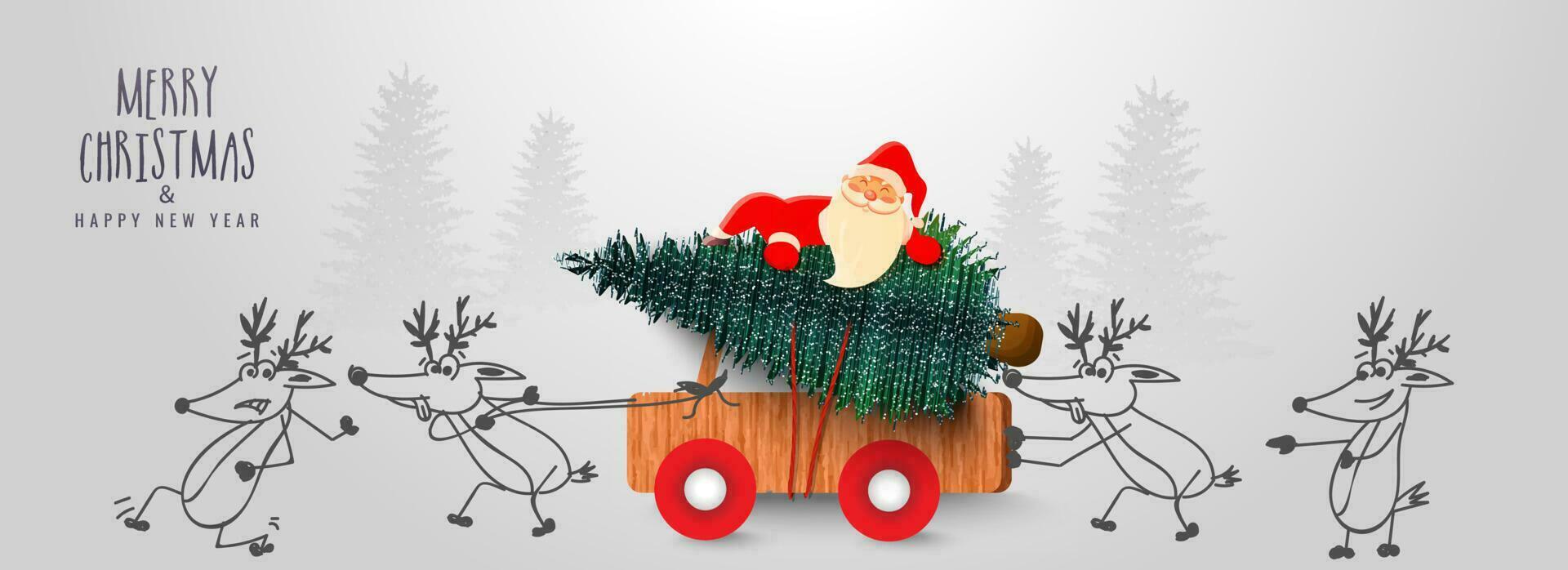 süß Santa claus Tragen Weihnachten Baum auf hölzern abholen LKW schieben durch Karikatur Rentier auf das Gelegenheit von fröhlich Weihnachten glücklich Neu Jahr Feier. vektor