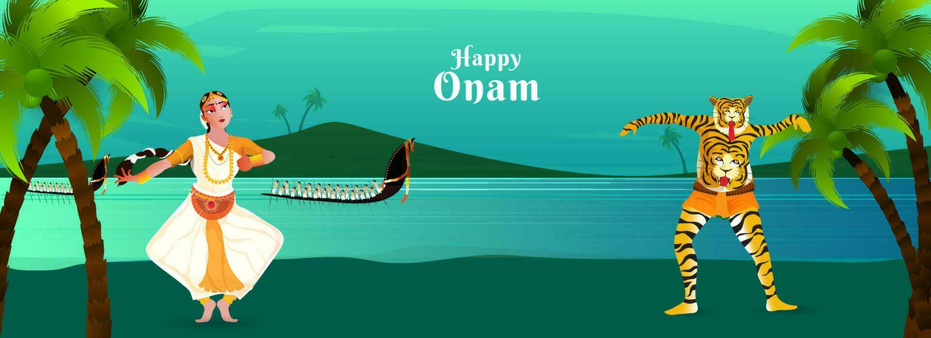 Header oder Banner Design zum Onam Festival, Tänzer durchführen traditionell tanzen von Kerala und Schlange Boot Rennen Illustration auf tropisch Meer Landschaft Hintergrund. vektor