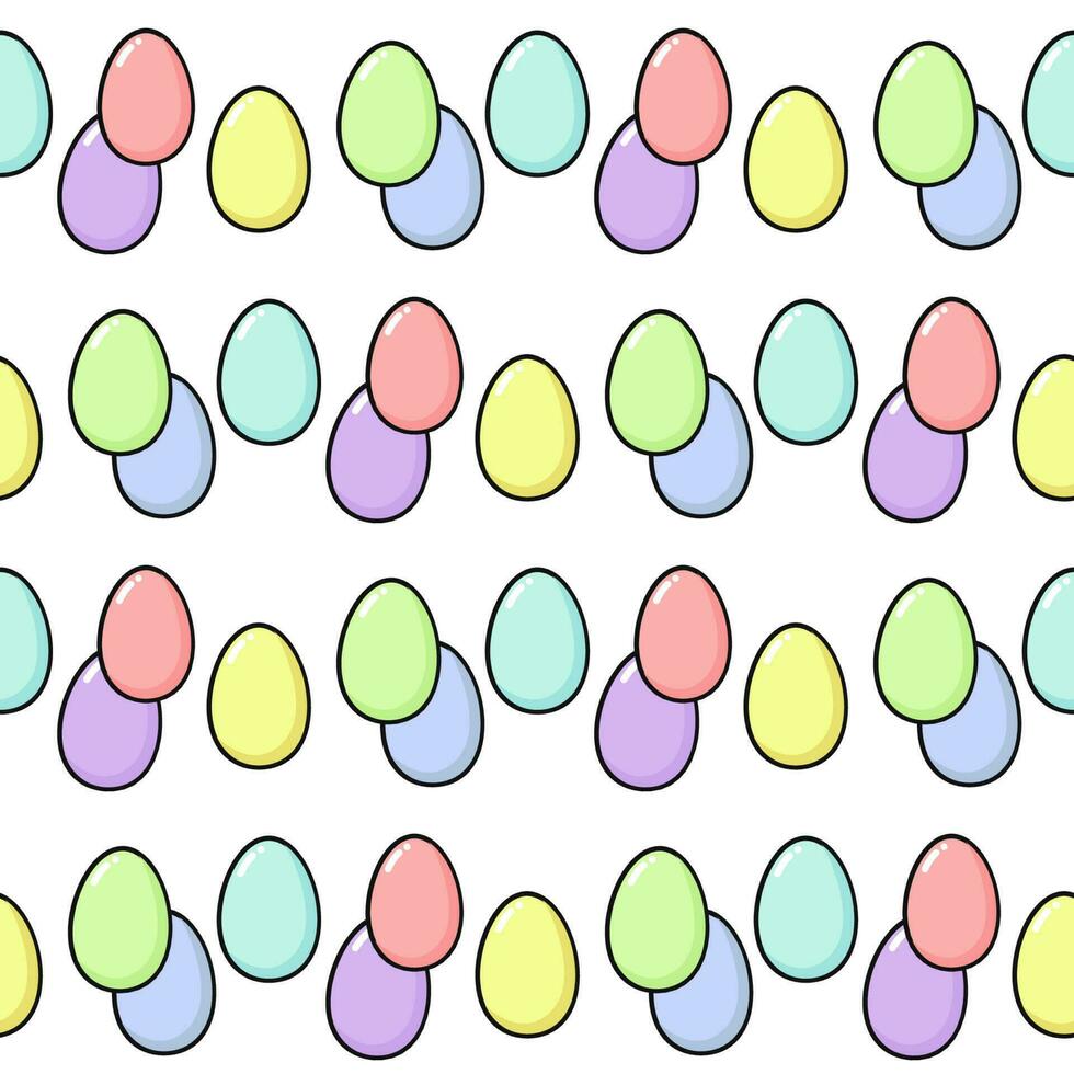 glücklich Ostern nahtlos Muster mit gemalt Eier. Spaß Urlaub Elemente im zart Farben - - Rosa, Blau, Gelb, lila, Grün, lila, Minze und Koralle. Platz Format, Vektor eben Illustration