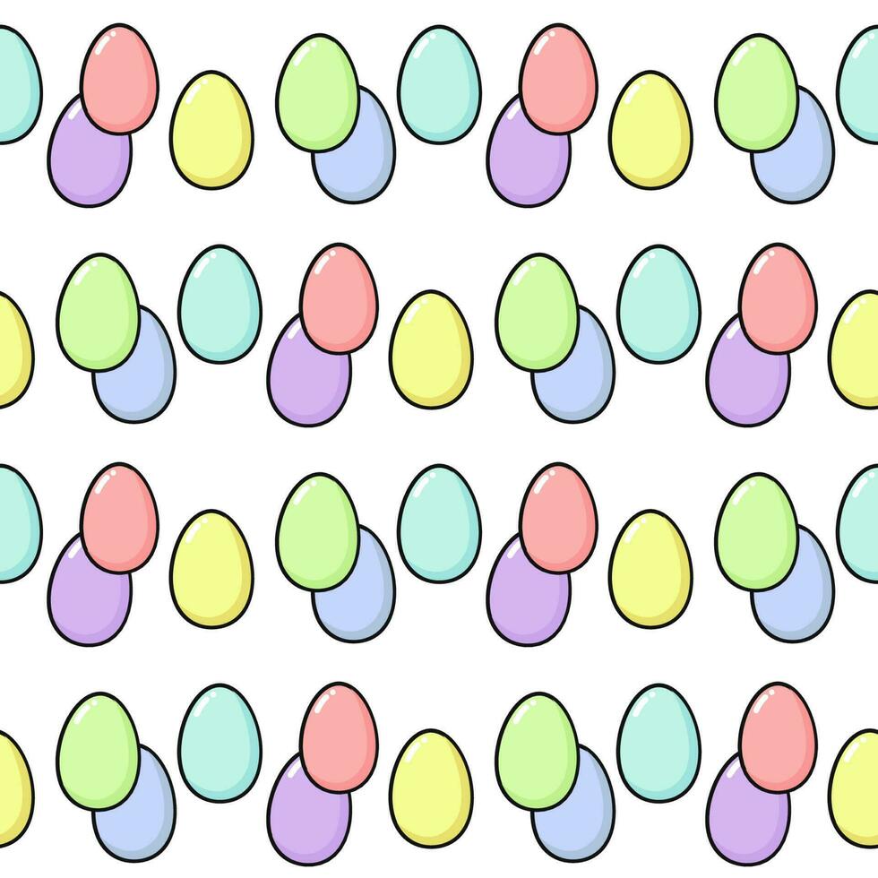Lycklig påsk sömlös mönster med målad ägg. roligt Semester element i delikat färger - rosa, blå, gul, lila, grön, lila, mynta och korall. fyrkant formatera, vektor platt illustration