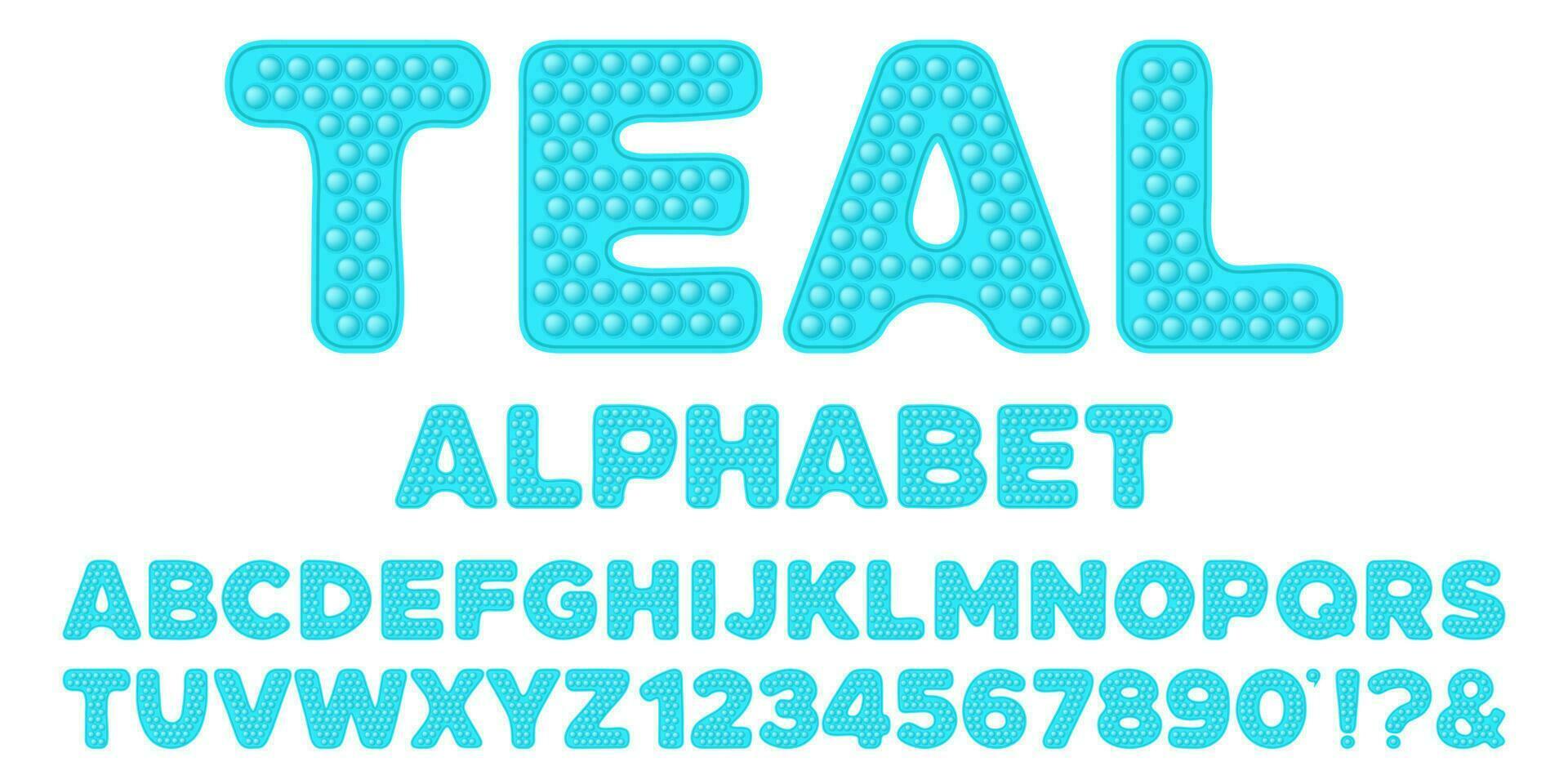 popping leksak font design - alfabet och tal uppsättning i stil av trendig kisel fidget leksaker i ljus färger. bubbla sensorisk brev. isolerat tecknad serie vektor illustration.