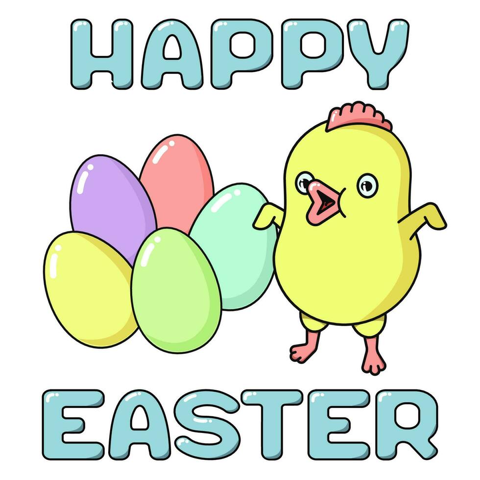 Lycklig påsk söt kyckling, målad ljus ägg och text. Semester kort i pastell färger-rosa, lila, gul, grön och turkos. fyrkant vektor platt illustrationer isolerat på vit bakgrund