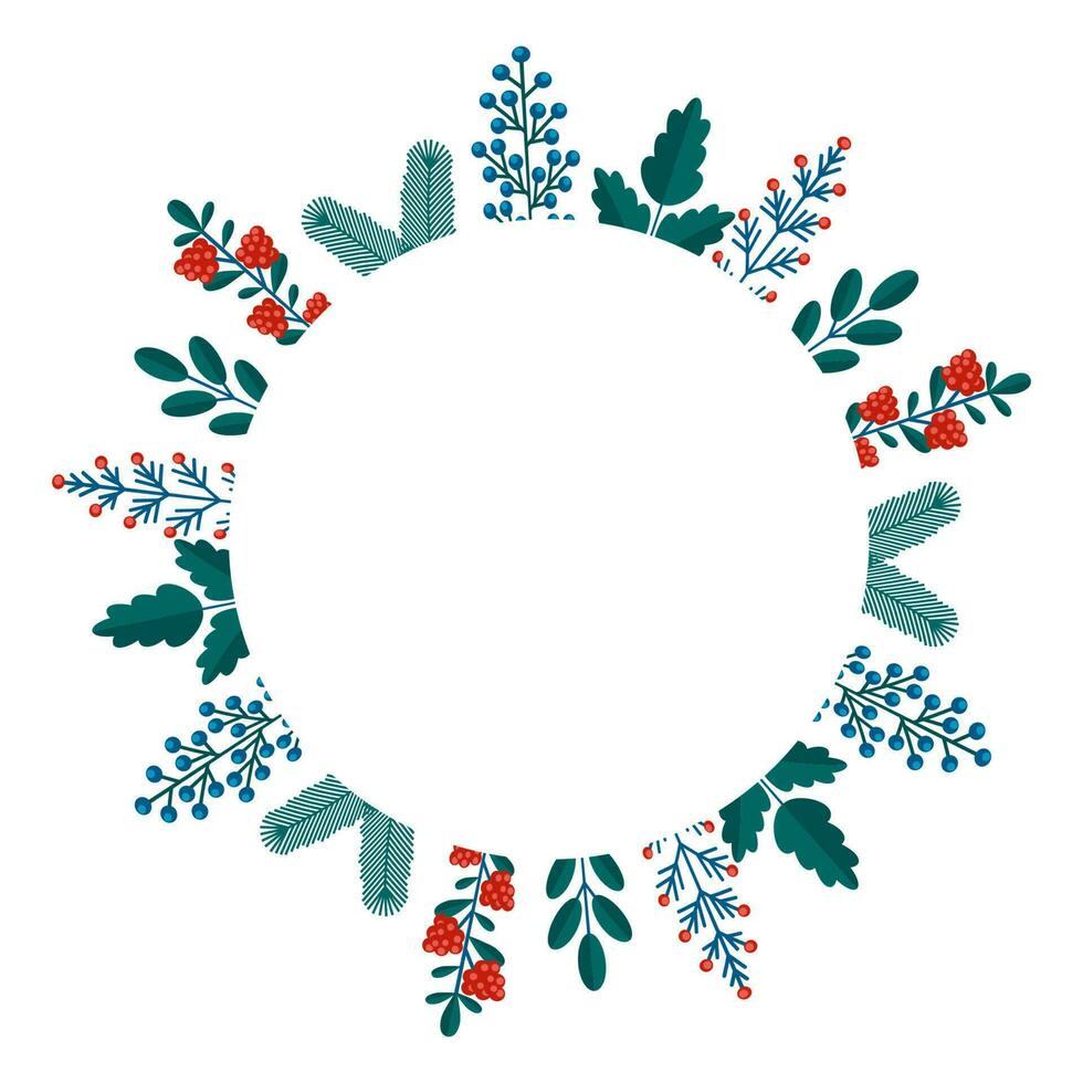 glad jul blommig runda ram med vinter- växter ram - krans i platt stil. illustrationer med botanisk symboler av Semester - tall, löv, kon, bär i röd, grön färger. vektor