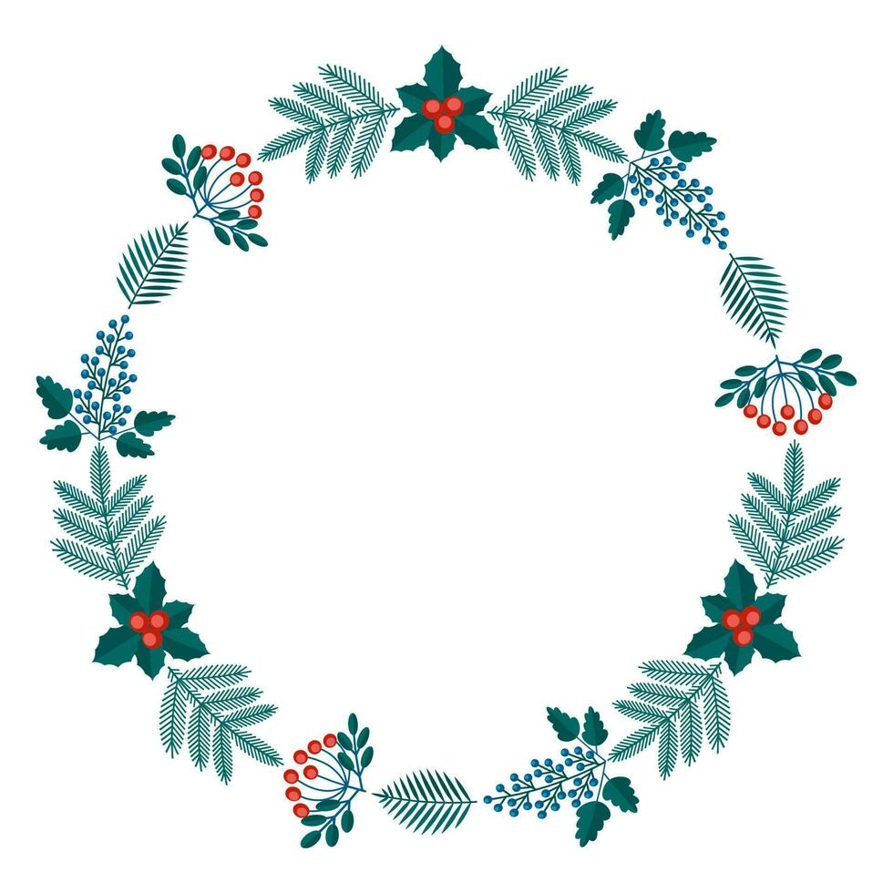 fröhlich Weihnachten Blumen- runden Rahmen mit Winter Pflanzen Rahmen - - Kranz im eben Stil. Abbildungen mit botanisch Symbole von Urlaub - - Kiefer, Blätter, Kegel, Beere im Rot, Grün Farben. vektor