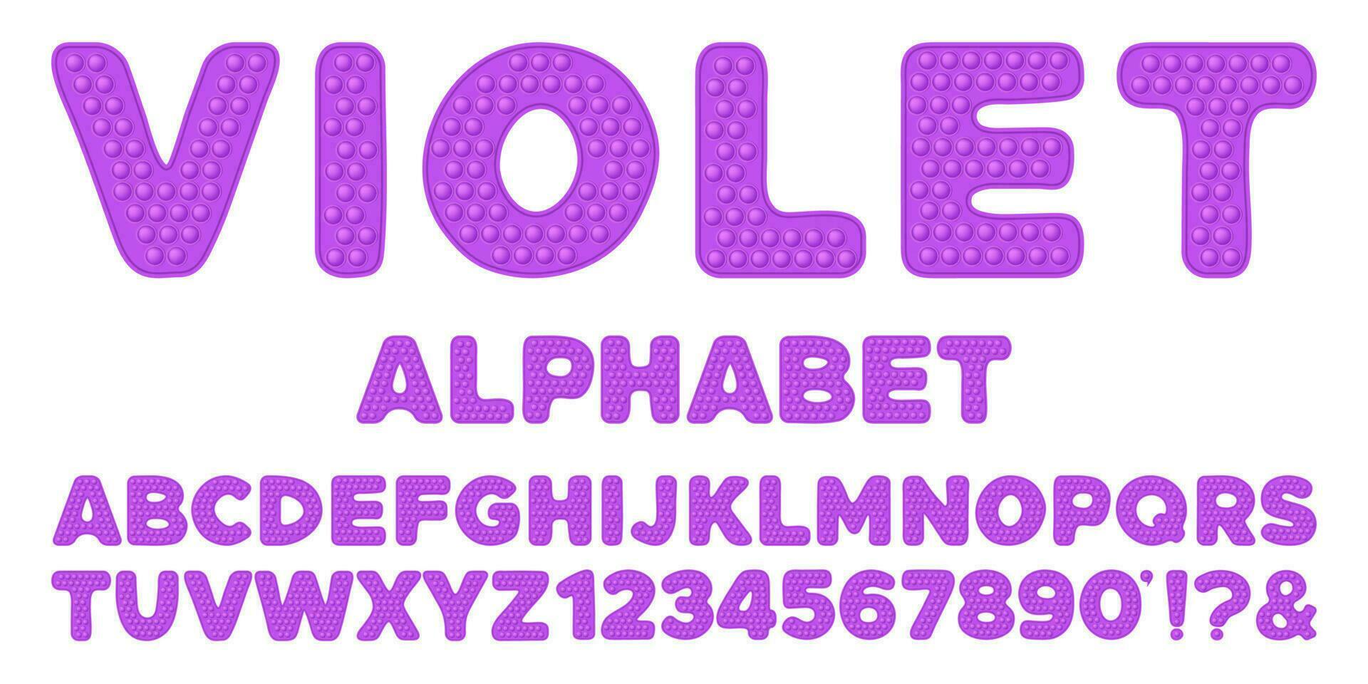 popping leksak font design - violett alfabet och tal uppsättning i stil av trendig kisel fidget leksaker i ljus färger. bubbla sensorisk brev. isolerat tecknad serie vektor illustration.